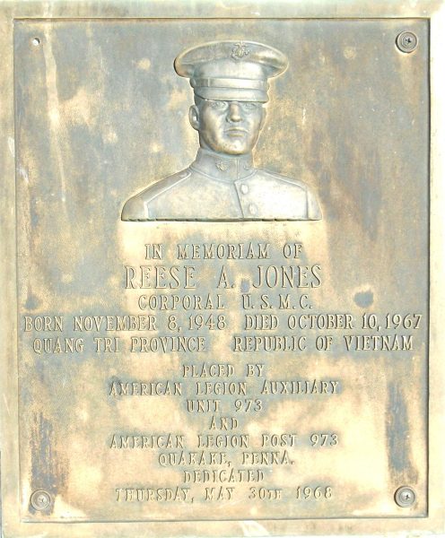 REESE A. JONES CORPORAL U.S.M.C. WAR MEMORIAL PLAQUE