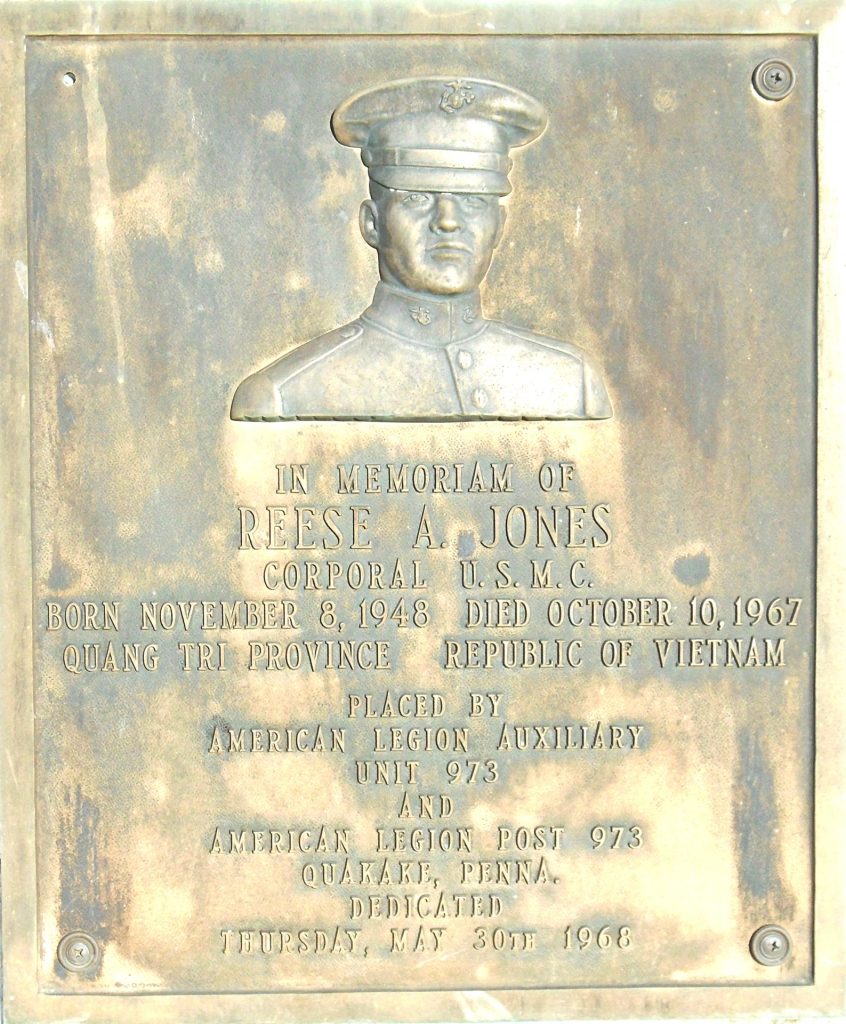 REESE A. JONES CORPORAL U.S.M.C. WAR MEMORIAL PLAQUE