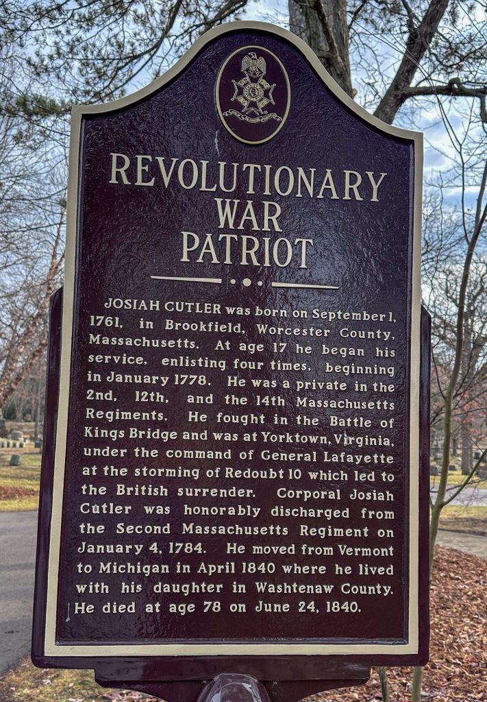REVOLUTIONARY WAR PATRIOT JOSIAH CUTLER MEMORIAL MARKER