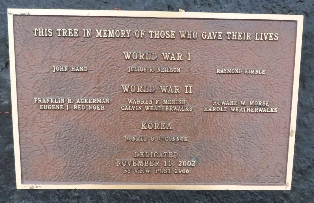 V.F.W. POST 2906 WAR MEMORIAL TREE PLAQUE