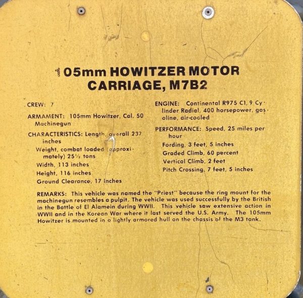 105MM HOWITZER MOTOR CARRIAGE, M7B2 WAR MEMORIAL PLAQUE