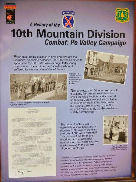 10TH MOUNTAIN DIVISION COMBAT: PO VALLEY CAMPAIGN WAR MEMORIAL PANEL