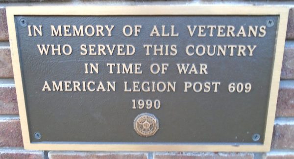AMERICAN LEGION POST 609 WAR VETERANS MEMORIAL PLAQUE