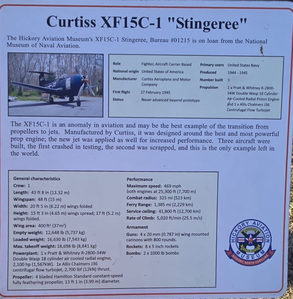 CURTISS XF15C-1 “STINGEREE” WAR MEMORIAL PLAQUE