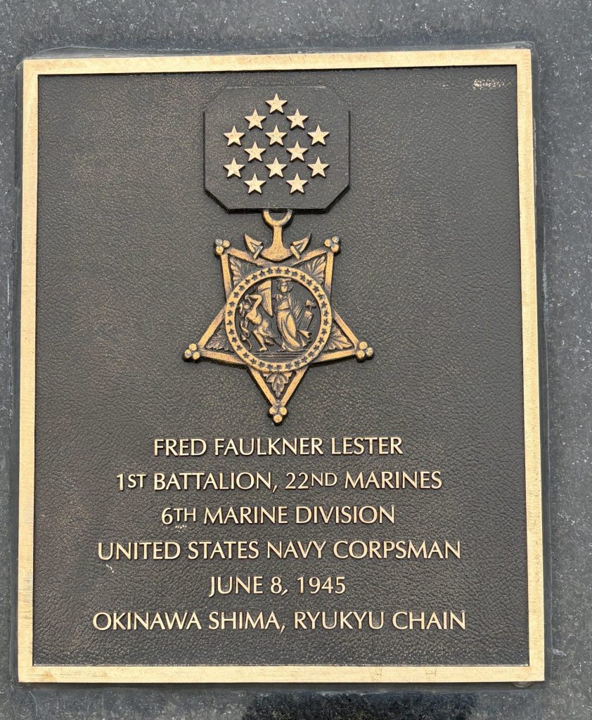 FRED FAULKNER LESTER MEDAL OF HONOR MEMORIAL PLAQUE