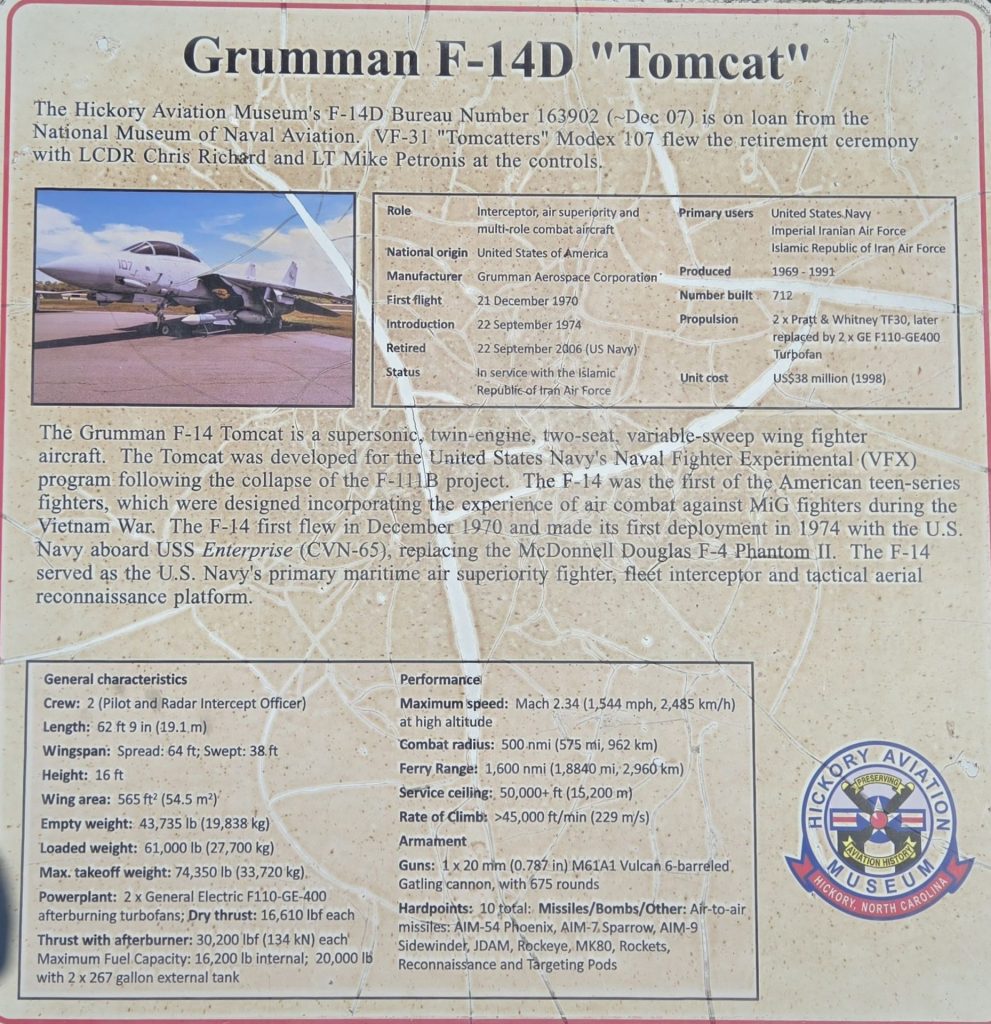 GRUMMAN F-14D “TOMCAT” WAR MEMORIAL PLAQUE