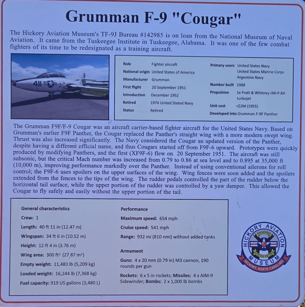 GRUMMAN F-9 “COUGAR” WAR MEMORIAL PLAQUE