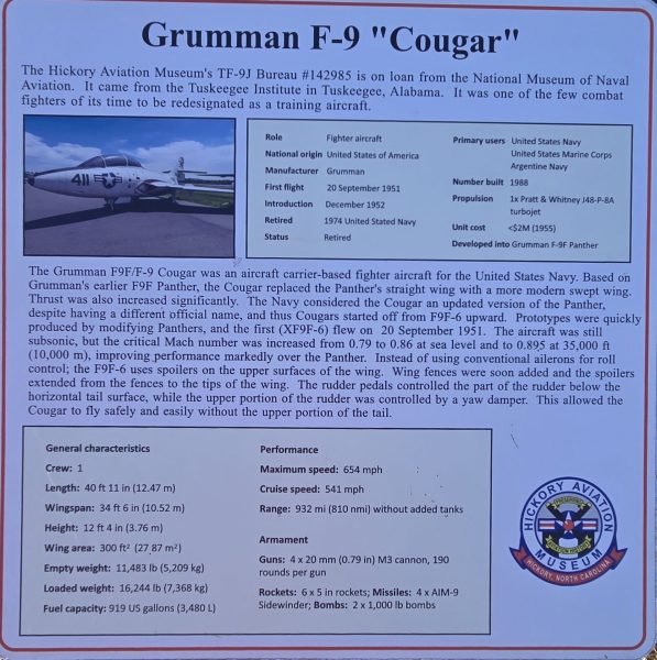 GRUMMAN F-9 “COUGAR” WAR MEMORIAL PLAQUE