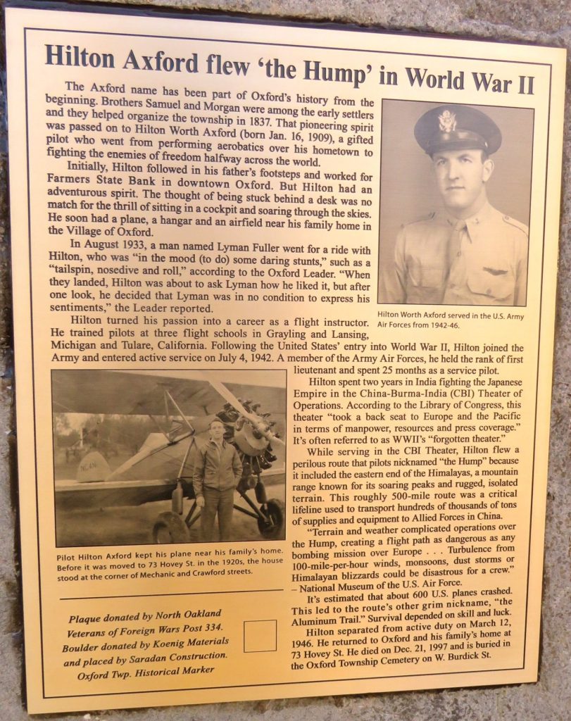 HILTON AXFORD FLEW “THE HUMP” IN WORLD WAR II MEMORIAL PLAQUE