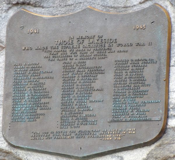 LAKESIDE WORLD WAR II SUPREME SACRIFICE MEMORIAL PLAQUE