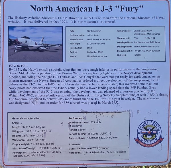 NORTH AMERICAN FJ-3 “FURY” WAR MEMORIAL PLAQUE