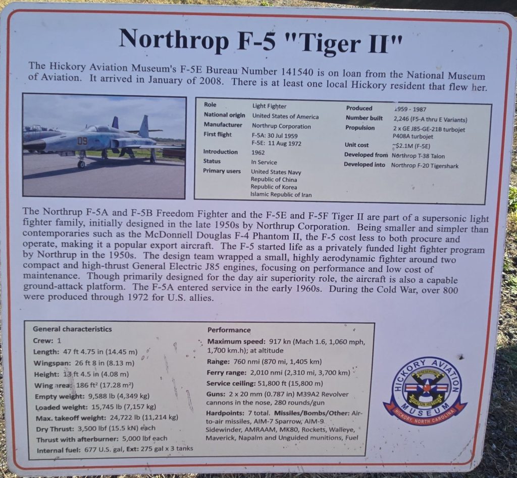 NORTHROP F-5 “TIGER II” WAR MEMORIAL PLAQUE