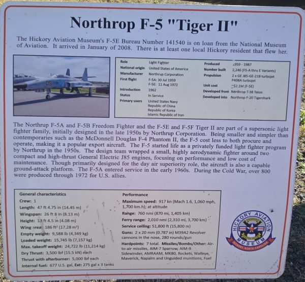 NORTHROP F-5 “TIGER II” WAR MEMORIAL PLAQUE