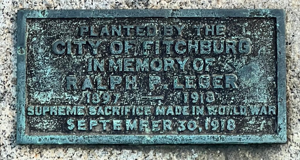 RALPH P. LEGER WAR MEMORIAL PLAQUE