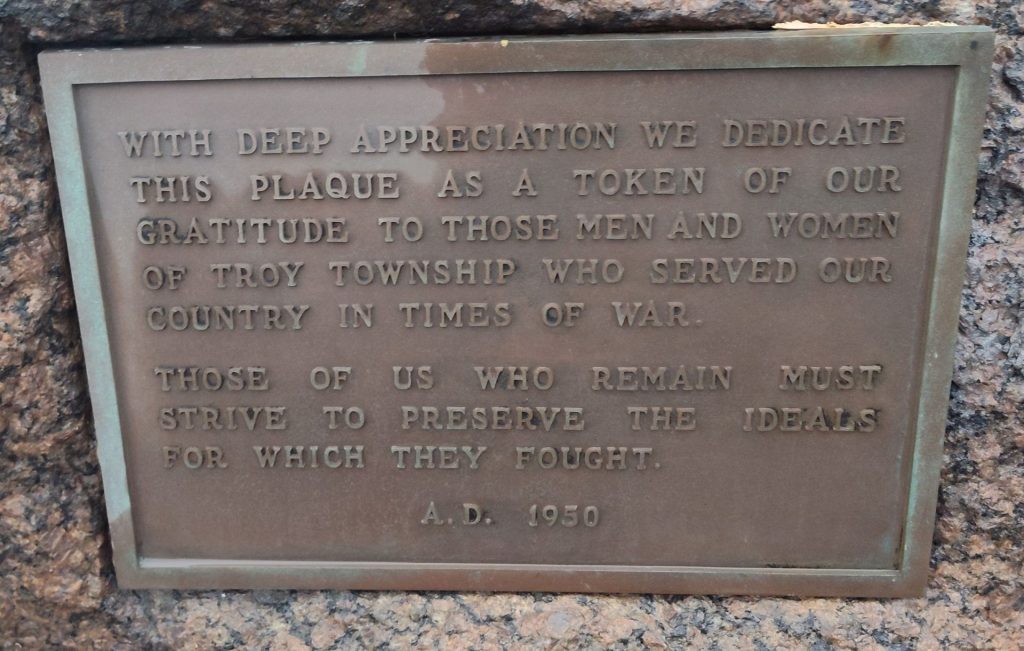TROY TOWNSHIP WAR VETERANS MEMORIAL PLAQUE