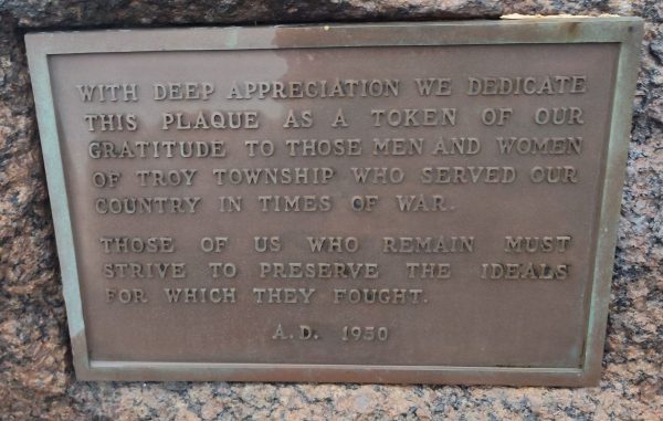 TROY TOWNSHIP WAR VETERANS MEMORIAL PLAQUE