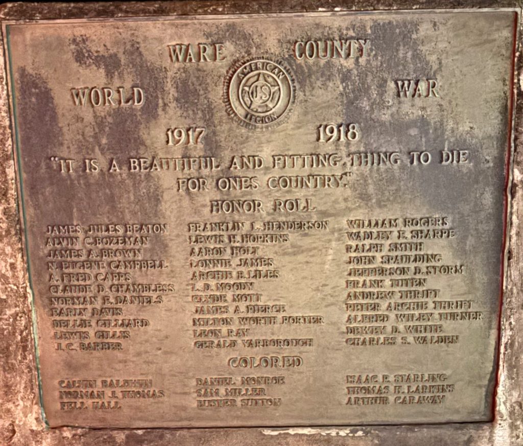 WARE COUNTY WORLD WAR MEMORIAL PLAQUE
