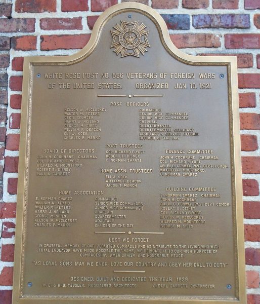 WHITE ROSE POST NO. 556 VETERANS OF FOREIGN WARS MEMORIAL PLAQUE