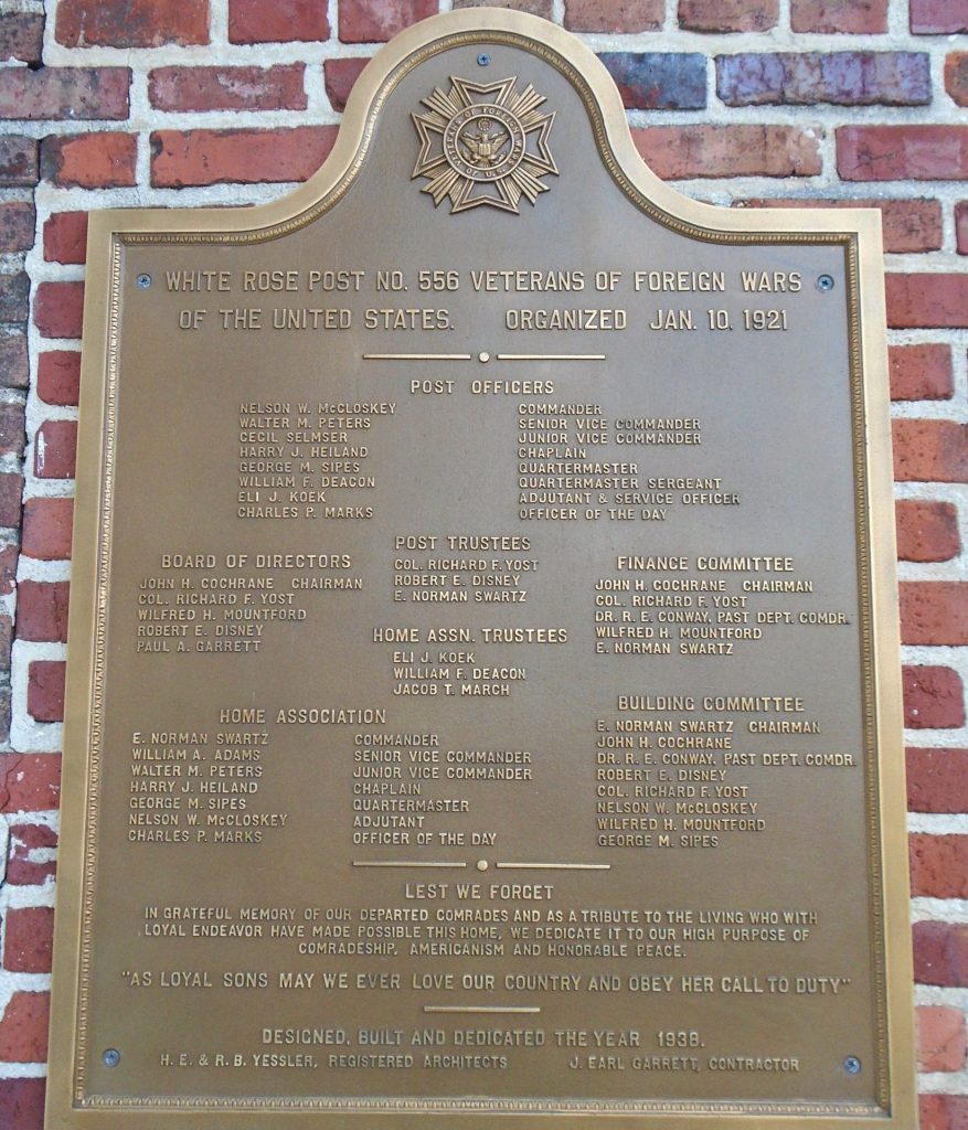WHITE ROSE POST NO. 556 VETERANS OF FOREIGN WARS MEMORIAL PLAQUE