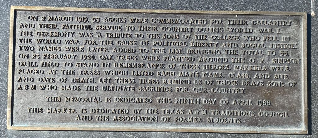 AGGIES IN WORLD WAR I MEMORIAL TREES PLAQUE