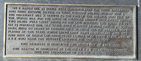 AGGIES IN WORLD WAR I MEMORIAL TREES PLAQUE