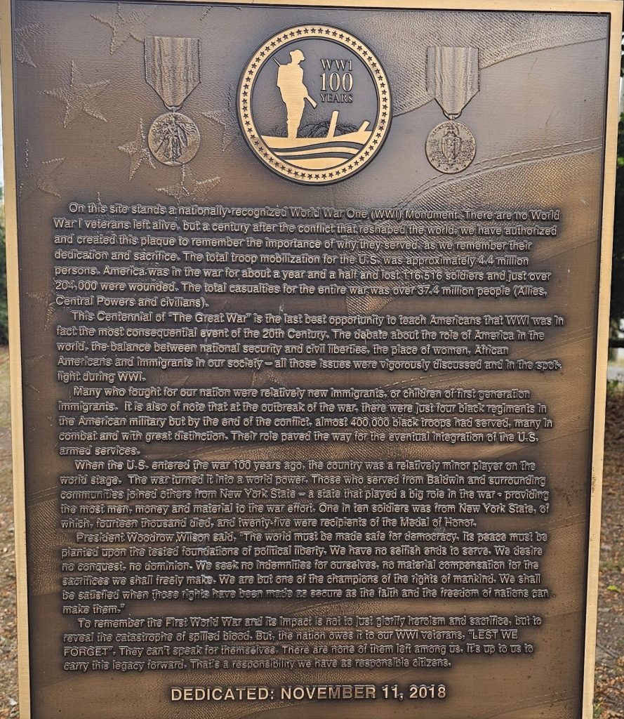 BALDWIN WWI 100 YEARS MEMORIAL PLAQUE