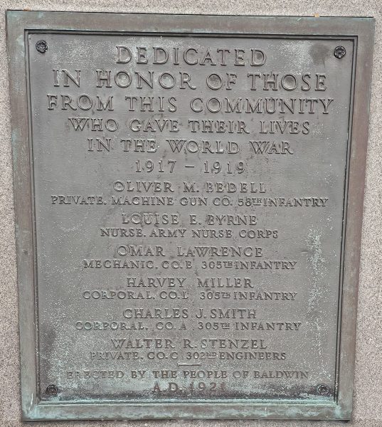 BALDWIN WORLD WAR MEMORIAL PLAQUE