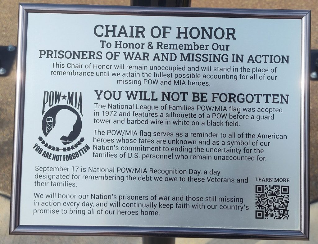 CHAIR OF HONOR POW MIA WAR MEMORIAL PLAQUE