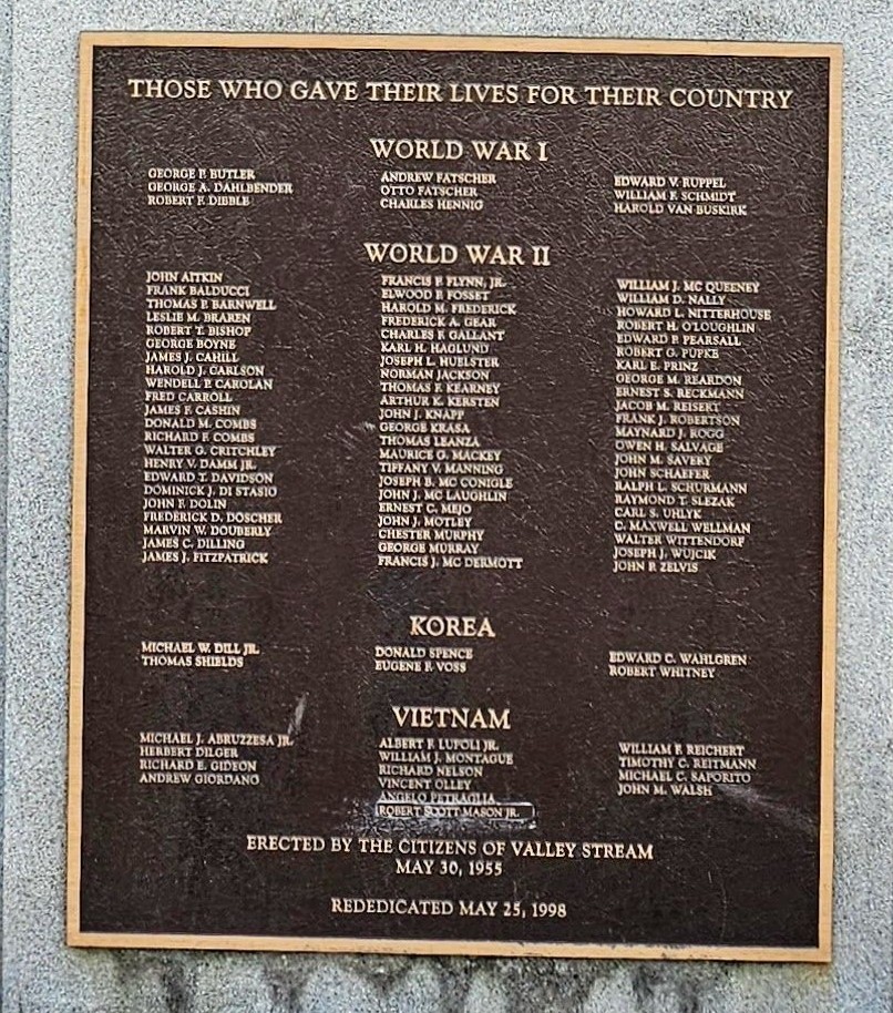 CITIZENS OF VALLEY STREAM WAR VETERANS MEMORIAL PLAQUE
