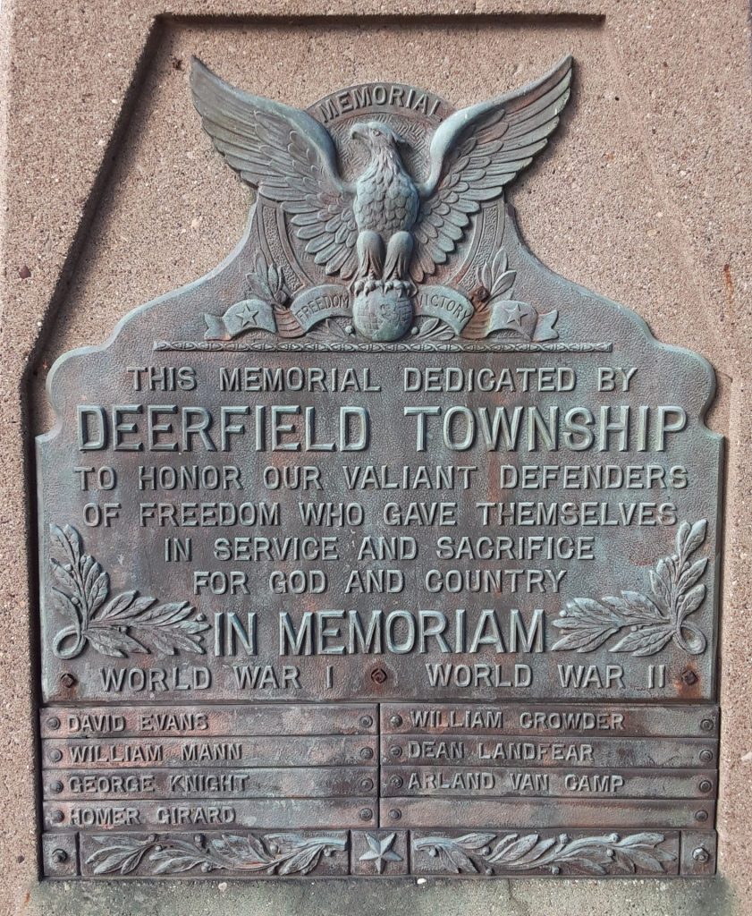 DEERFIELD TOWNSHIP WAR VETERANS MEMORIAL PLAQUE A