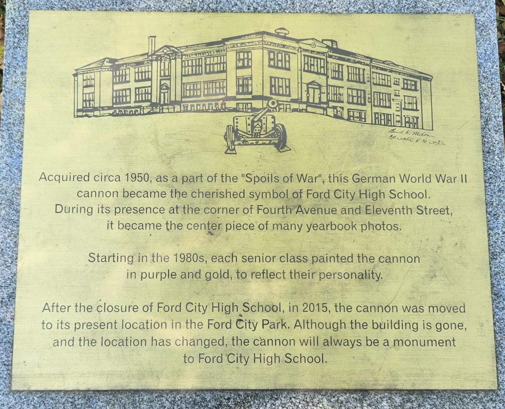 FORD CITY GERMAN WORLD WAR II CANNON MEMORIAL PLAQUE