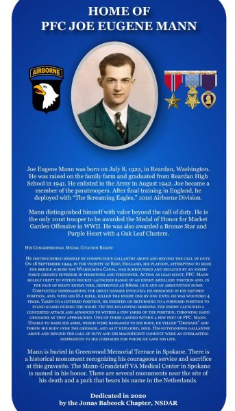 HOME OF PFC JOE EUGENE MANN MEDAL OF HONOR WAR MEMORIAL PLAQUE