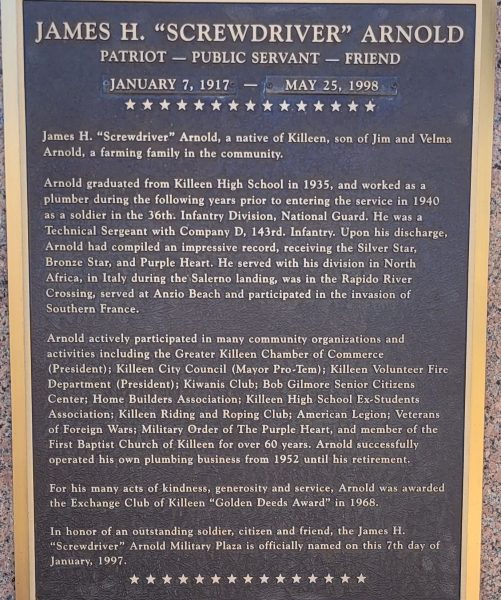 JAMES H. “SCREWDRIVER” ARNOLD WAR MEMORIAL PLAQUE