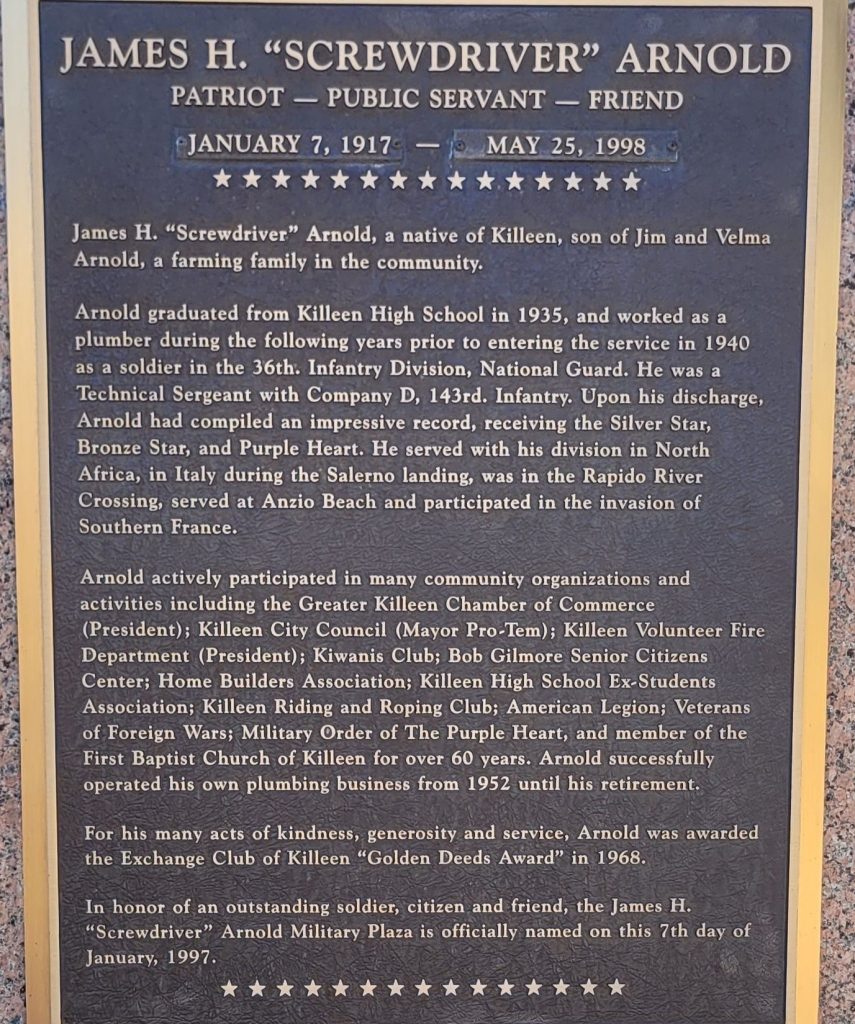 JAMES H. “SCREWDRIVER” ARNOLD WAR MEMORIAL PLAQUE
