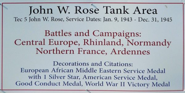 JOHN W. ROSE TANK AREA WAR MEMORIAL PLAQUE