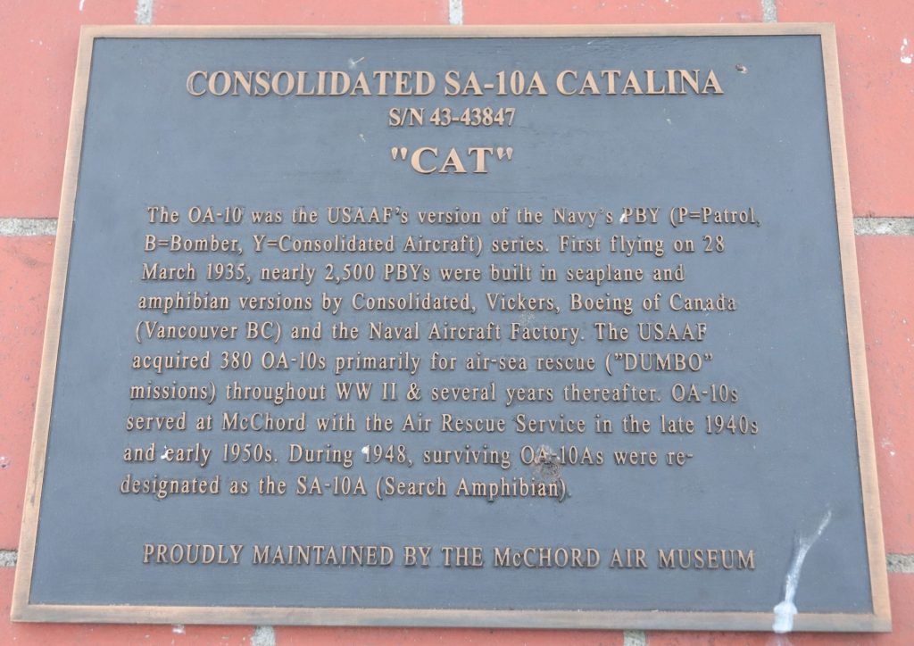 MCCHORD AFB CONSOLIDATED SA-10A CATALINA MEMORIAL PLAQUE