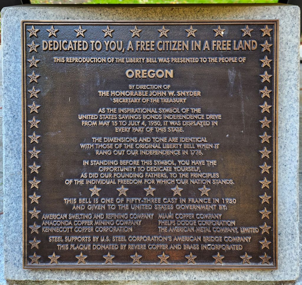 OREGON LIBERTY BELL REPRODUCTION MEMORIAL PLAQUE