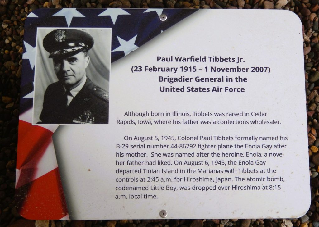 PAUL WARFIELD TIBBETS JR. WAR MEMORIAL PLAQUE
