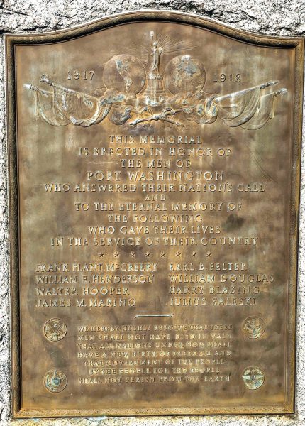 PORT WASHINGTON WORLD WAR I MEMORIAL PLAQUE