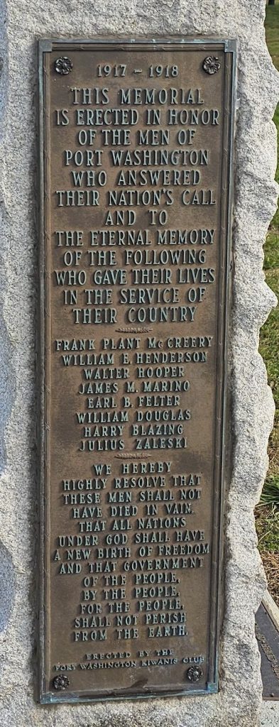 PORT WASHINGTON WORLD WAR I MEMORIAL VERTICAL PLAQUE