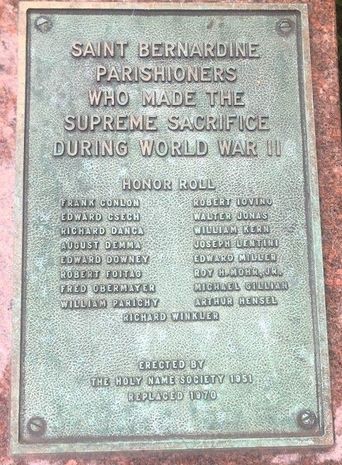 SAINT BERNARDINE PARISH WORLD WAR II SUPREME SACRIFICE MEMORIAL PLAQUE