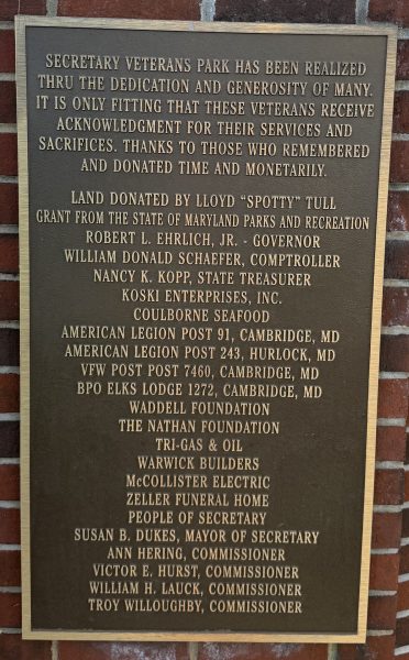 SECRETARY VETERANS PARK MEMORIAL PLAQUE A