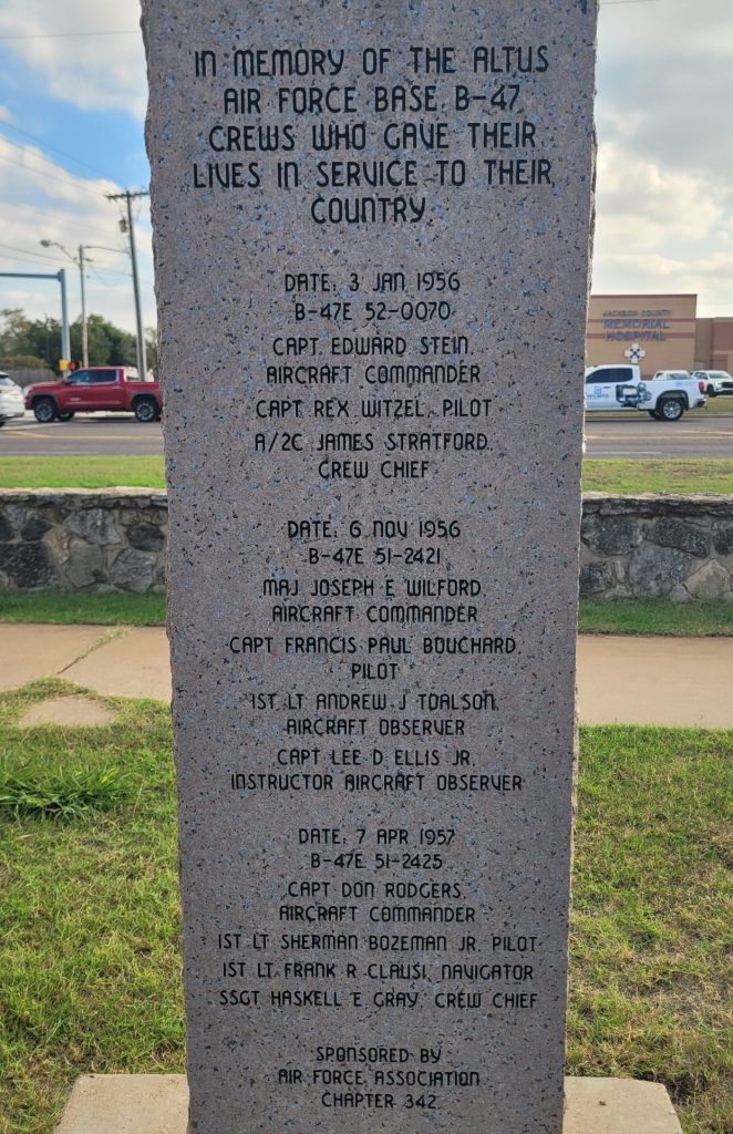 THE CITY OF ALTUS B-47 BOMBER MEMORIAL STONE BACK