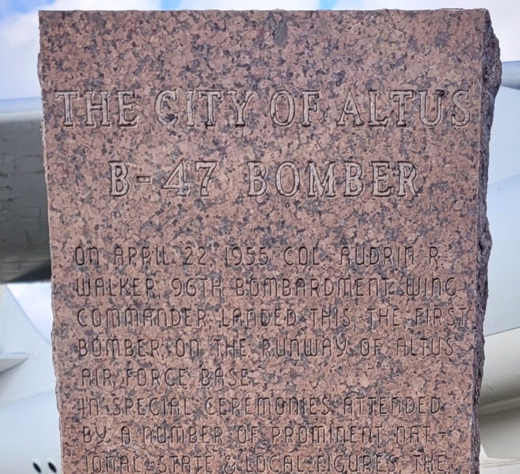 THE CITY OF ALTUS B-47 BOMBER MEMORIAL STONE FRONT