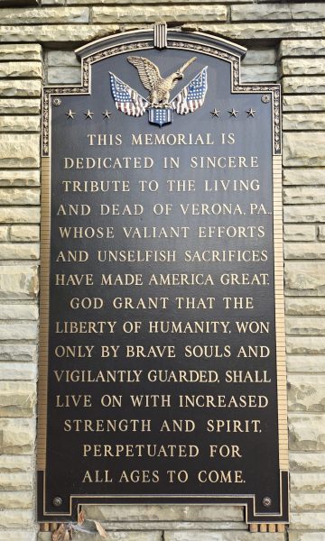 VERONA, PA. WAR VETERANS MEMORIAL PLAQUE