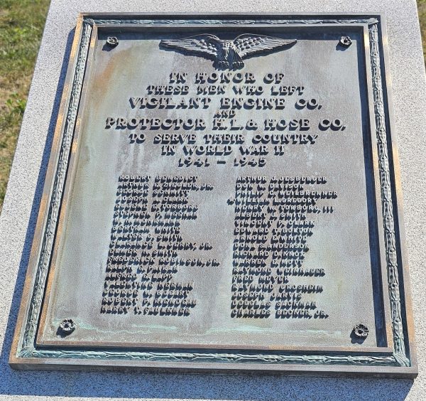 VIGILANT ENGINE CO. AND PROTECTOR H.L. & HOSE CO. WORLD WAR II MEMORIAL PLAQUE