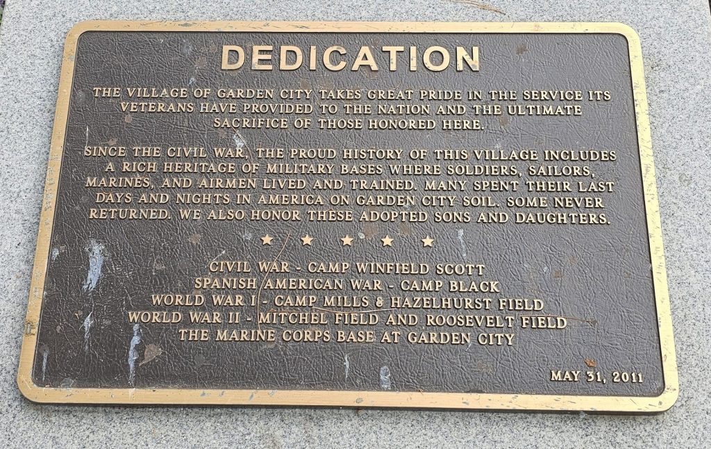 VILLAGE OF GARDEN CITY DEDICATION VETERANS MEMORIAL PLAQUE