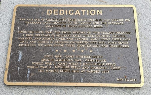 VILLAGE OF GARDEN CITY DEDICATION VETERANS MEMORIAL PLAQUE