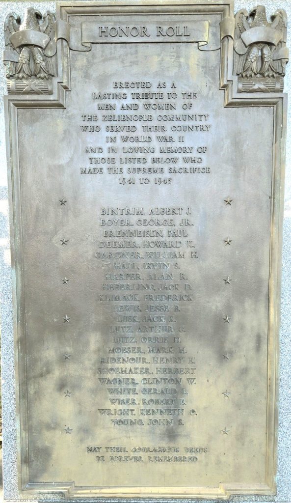 ZELIENOPLE COMMUNITY SUPREME SACRIFICE WORLD WAR II MEMORIAL PLAQUE