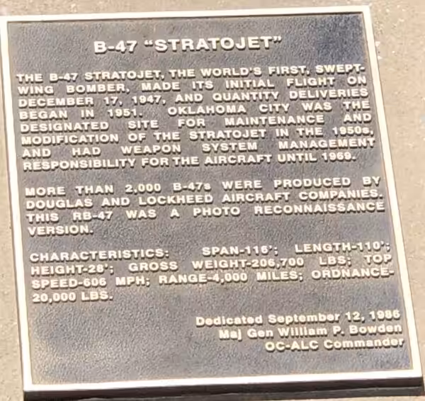B-47 “STRATOJET” MEMORIAL AIRCRAFT PLAQUE